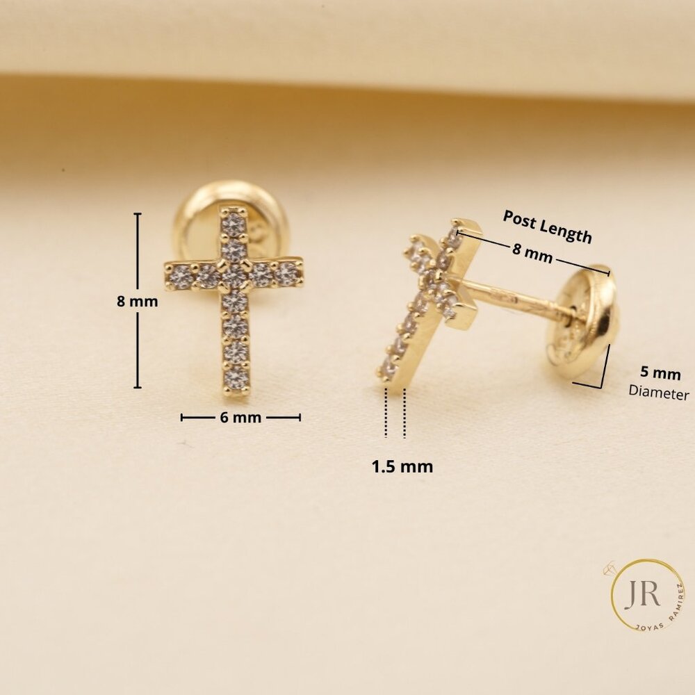 14K Solid Gold CZ Pave Cross Stud Earrings Religious Fine Jewelry - Picture 6 of 7